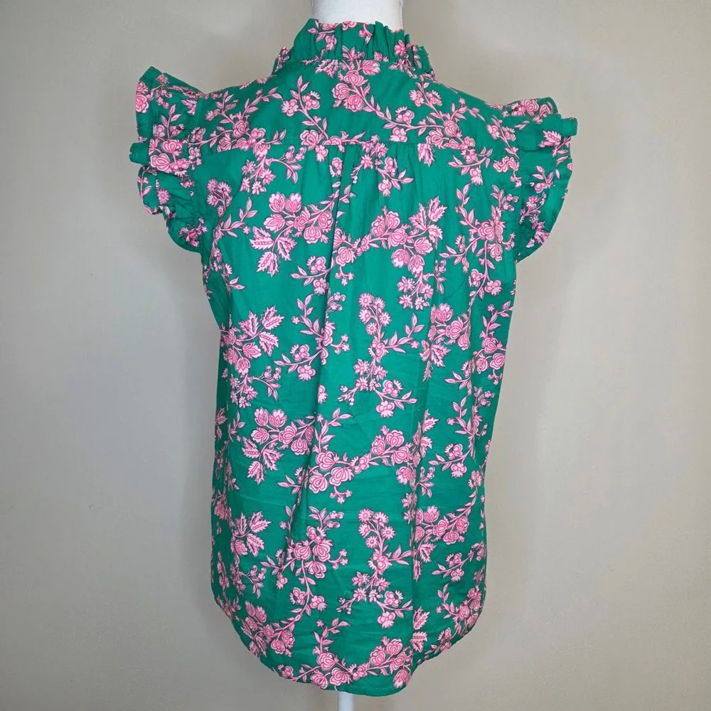 J. Crew Womens Green Pink Floral Ruffle Flutter Sleeve‎ Cotton Blouse Top Small